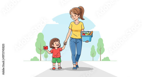 Woman and little child walking together.