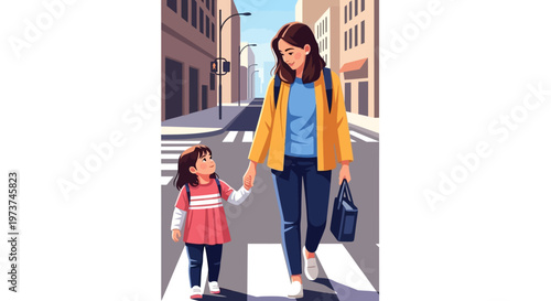 Woman and little girl crossing street.