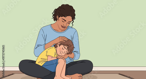 Woman comforting young girl sitting floor.