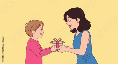 Woman giving gift to little girl.