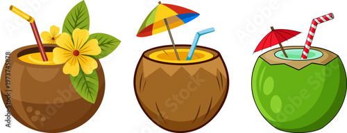 Three creative tropical drinks served in coconuts with unique garnishes and umbrellas