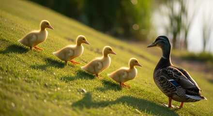 A mother duck leads her ducklings in a row across a grassy hill on a sunny day