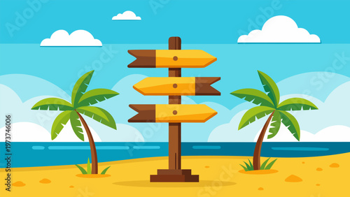 Vacation signpost on a sunny beach with palm trees and clear skies