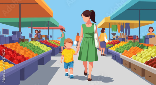 Woman and child in produce market.