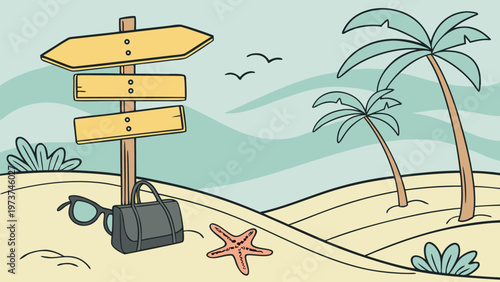  traveler with suitcase and signpost on a tropical beach