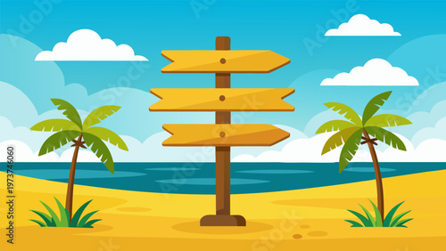 Directional signpost on a tropical beach with palm trees and ocean view