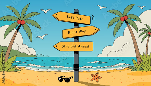 Tropical beach signpost offering directions to left path, right way, and straight ahead