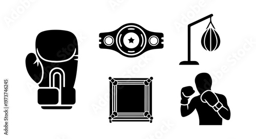 Boxing Sport Equipment and Fighter Vector Icons Set