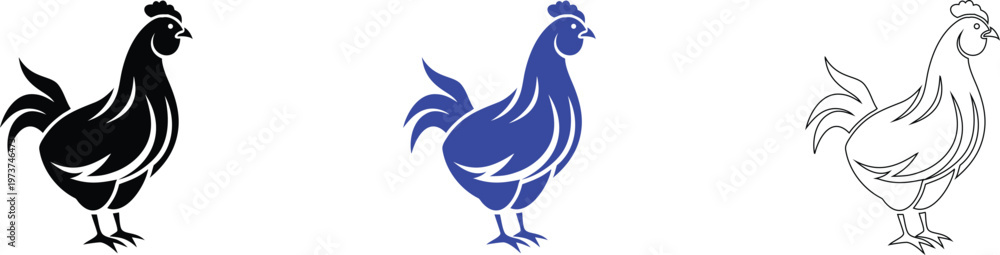 Fototapeta premium Rooster Silhouettes: Black, Blue, and Outline Vector Set for Farm and Poultry Design