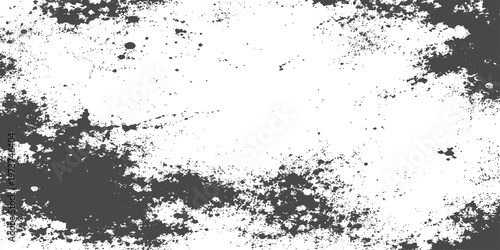 An abstract black grunge ink splat and liquid paint splash illustration creates a dirty dark splatter pattern on a stained paper texture background within a minimalist vector frame design