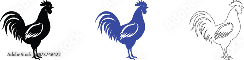Rooster Silhouettes: Black, Blue, and Outline Vector Illustration Set