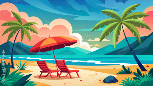 Relaxing beachside scene with vibrant sunset and cozy chairs under an umbrella