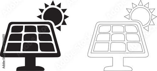 Solar panel and sun symbol for green renewable energy flat icon set
