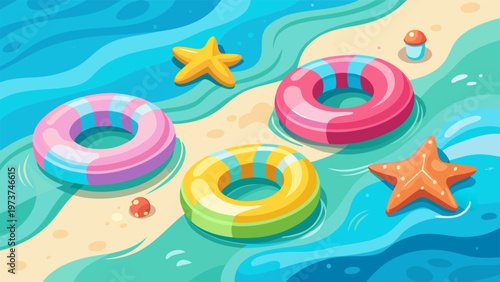 Colorful inflatable rings and starfish Summer beach background 