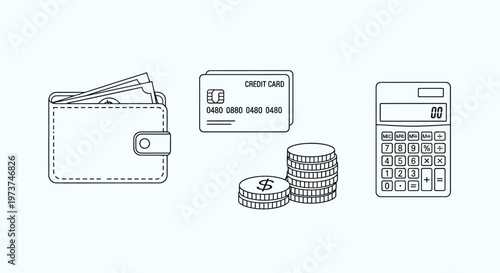 Financial icons including wallet, credit card, coins and calculator.