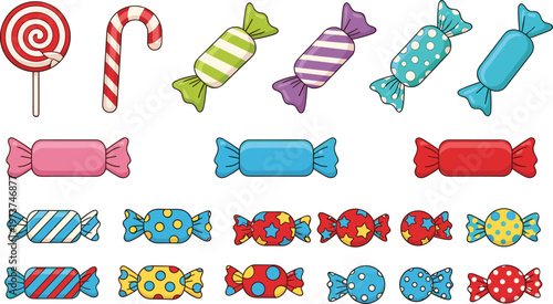 Colorful Candy Collection Vector Illustration with Wrapped Sweets, Lollipop, and Candy Cane for Kids, Party, and Sweet Food Designs