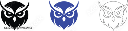 Stylized Owl Head Designs - Vector Illustration Set in Black, Blue, and Line Art