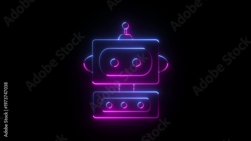 Neon glowing robot icon motion graphic animation with two colors of blue and pink on a black background in seamless loop. 4k