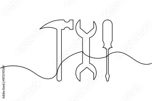 Wrench hammer and screwdriver sign icon continuous one line drawing on white background minimal construction tools symbol outline vector illustration