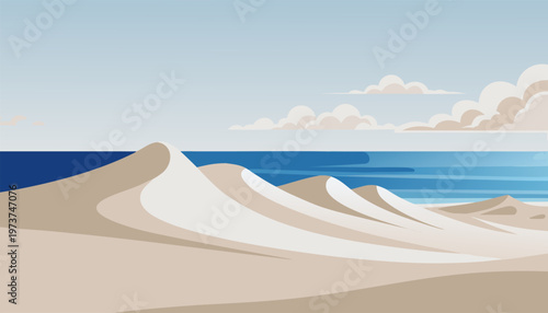 Serene coastal dunes meeting tranquil ocean waters under a light sky