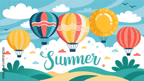 Colorful hot air balloons floating in a cheerful summer sky