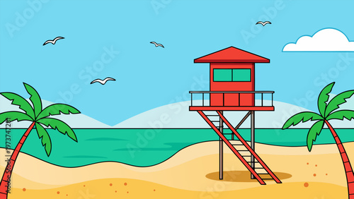 A vibrant beach scene featuring a lifeguard tower and palm trees under a bright sky Summer vacation