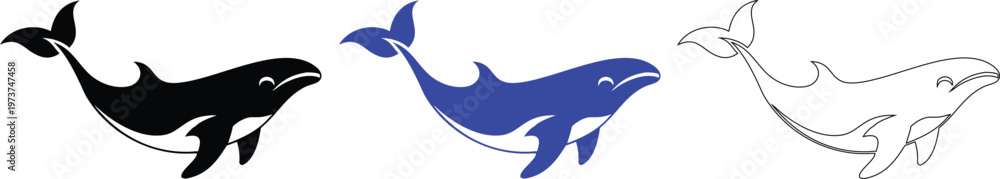 Obraz premium Whale Illustration Set: Black, Blue, and Outline Versions for Design Projects