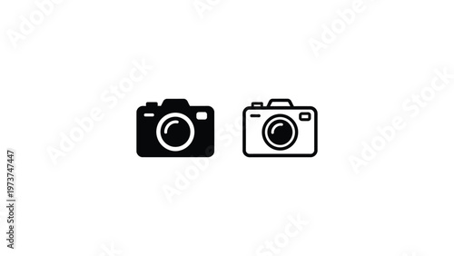 Camera icon set in solid and outline styles, photography equipment symbol, digital photo device concept, minimal black and white vector illustration