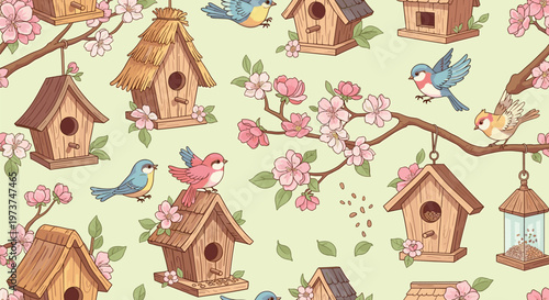 Whimsical Vector Illustration of Birds, Birdhouses, and Blossoming Flowers on a Light Green Background
