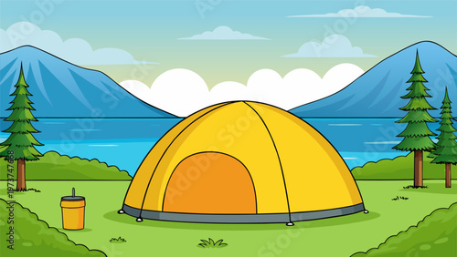 A cheerful camping scene with a tent in a scenic outdoor setting Background
