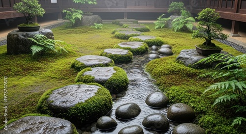 Serene Japanese garden with mossy stones.