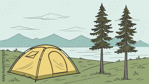 A serene camping scene with a tent and tall pine trees by a lake Background