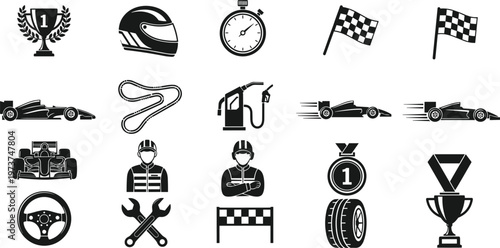 Auto racing icons illustration, trophy helmet stopwatch flags, race car track fuel pump, motorsport competition vector, speed victory artwork design
