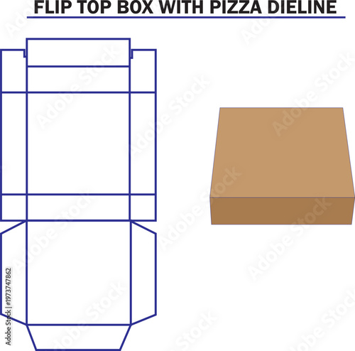 Flip Top Pizza Box Packaging Dyeline Template with Brown Kraft 3D Mockup and Technical Cutting Guide