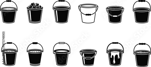 Bucket silhouette icons, empty bucket, water bucket, foam bucket, solid material bucket, handle design, household supplies, cleaning, container illustration, minimalist design