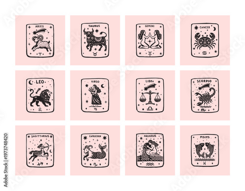A set of naive folk illustrations of the zodiac signs. Trendy  vector illustrations.