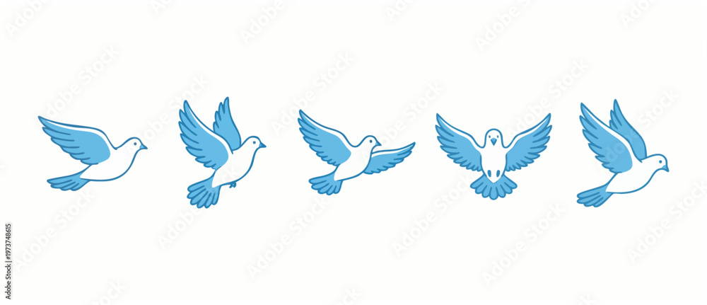 Obraz premium Flying Dove Vector Set, Blue Bird Silhouette Icons for Peace Symbol, Motion Sequence, Minimalist Animal Graphics for Web Design, Logo Elements and Social Media Content isolated on White Background