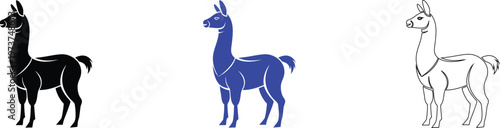 Llama Illustrations Set: Black, Blue, and White Line Art Designs