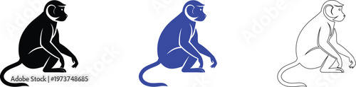 Monkey Silhouette Set: Black, Blue, and White Line Art Illustrations