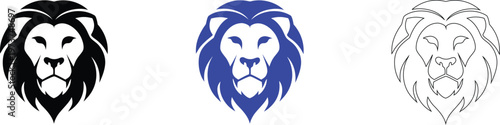 Lion Head Vector Illustration Set - Black, Blue, and Line Art Designs