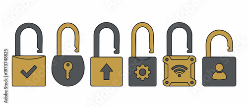 Open Padlock Icons Set with Security Symbols for Digital Safety and Data Protection Concepts. Vector illustration of various unlocking mechanisms with checkmark, key, upload, settings, and network ico