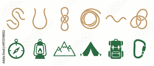 Camping and Climbing Icons Set, Outdoor Adventure Equipment Symbols, Rope Knots, Compass, Tent, Backpack, Mountain Illustration for Hiking, Exploration, Survival Gear Graphic, Minimalist Style Design