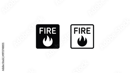 Fire safety sign icon set with flame symbol in solid and outline styles, emergency warning label, black and white minimal vector illustration