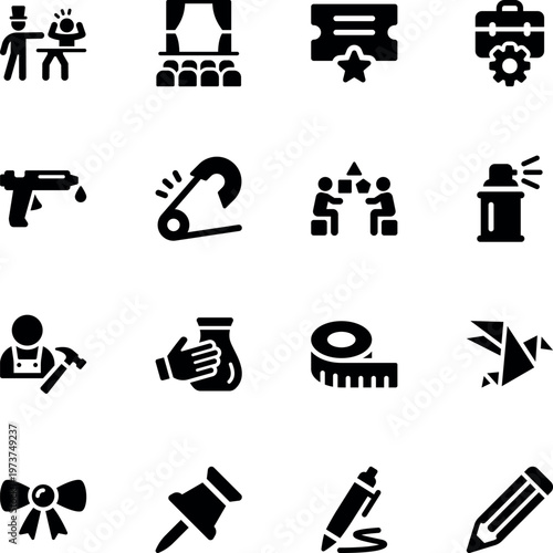 Crafting and DIY hobbies vector icon set, glue gun, safety pin, measuring tape, origami, pencil, pen, hammer, spray paint