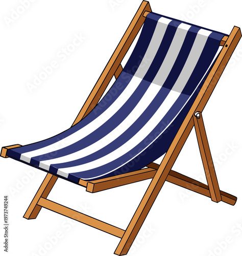 A classic wooden deck chair with navy and grey striped fabric for outdoor relaxation