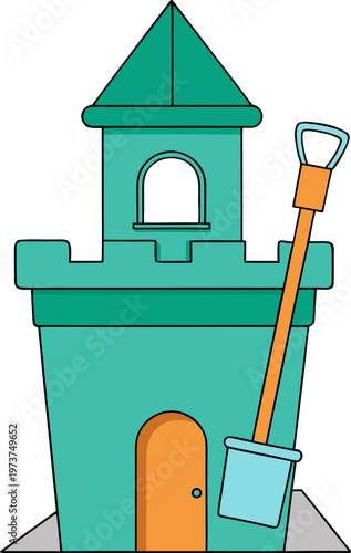 A colorful sandcastle small castle with shovel and bucket nearby