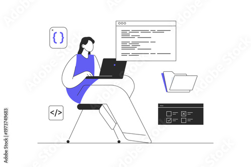 Programming and coding concept. Technology process of software development. Full Stack Developer.  Flat Cartoon Vector Illustration, icon Stylish abstract design landing page web