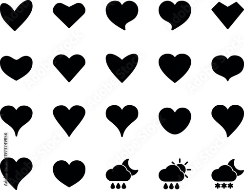 Diverse heart shapes and weather symbols collection, heart, rain, snow, sun, moon, cloud