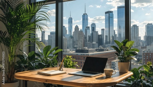 Modern Office With City Skyline View High Resolution Photo