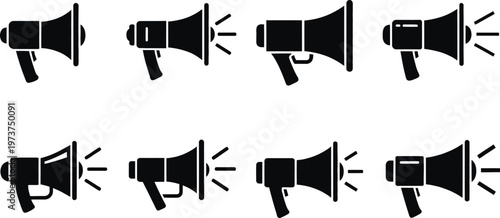 A collection of eight black silhouette megaphones displaying various angles and sound emission patterns